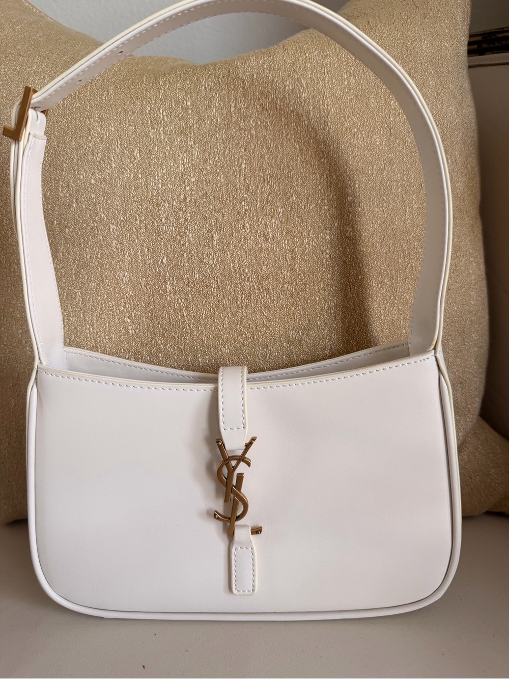 Saint Laurent Cream Leather Shoulder Bag with Gold YSL Logo